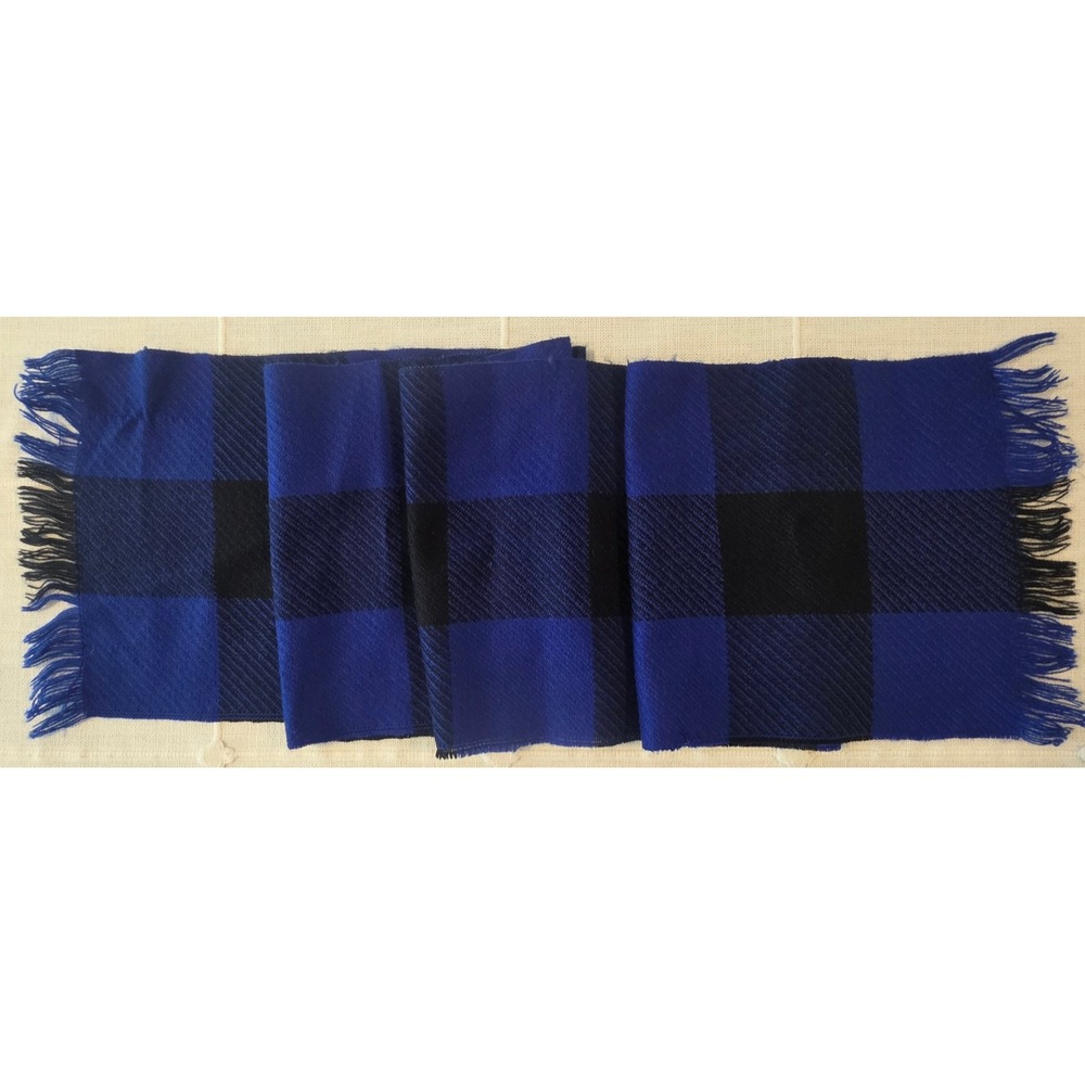 Royal Blue and Black Buffalo Plaid Scarf with Fringe Trim Checkered Winter Wrap